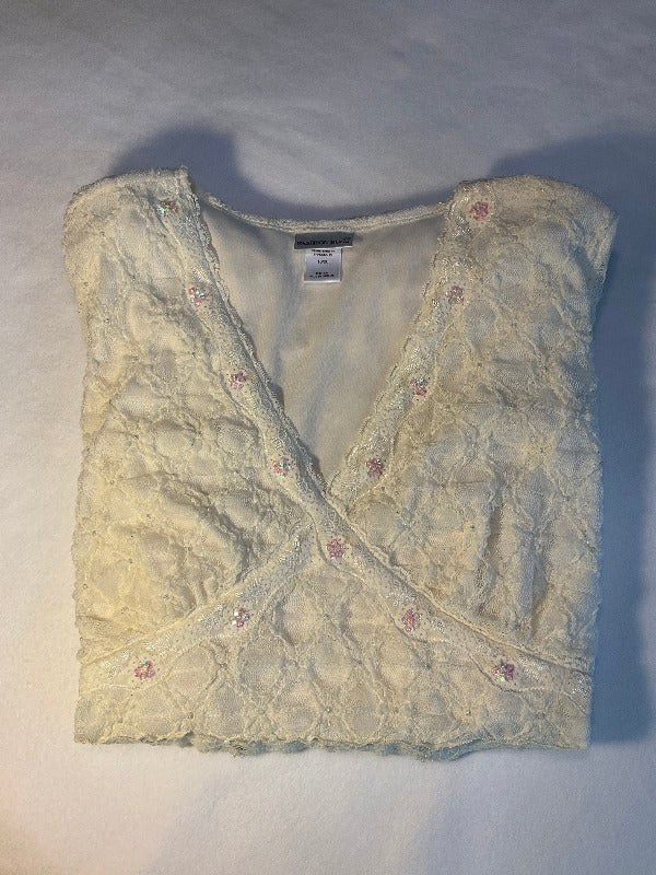 Fashion Bug Beautiful Women's Lacy Top Embellished with Sequins Off White - Folded