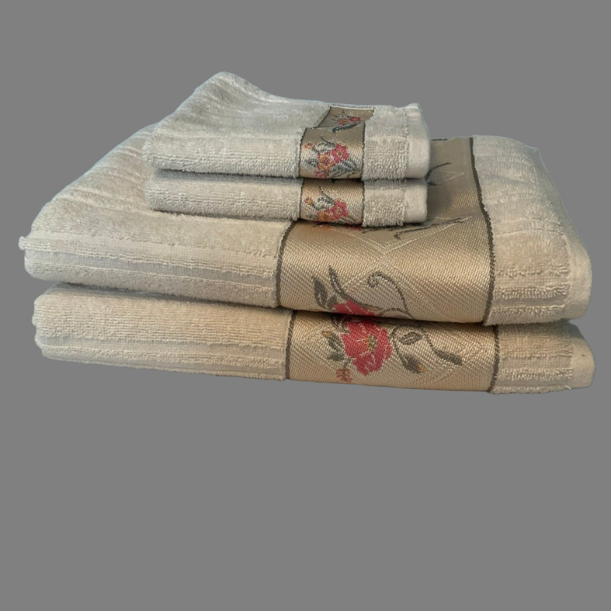 Bathroom Towel Set - Pink & Green Floral Design - Stacked