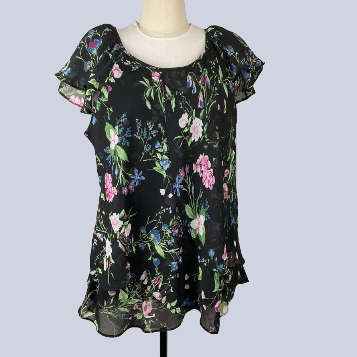 Roz & Ali Womans popular Black Floral Size 2X Sheer Lined Tunic Flowing Flattering