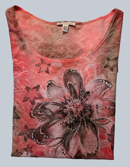 Women’s Top - Beautiful Salmon and Taupe Floral with Rhinestones - Folded