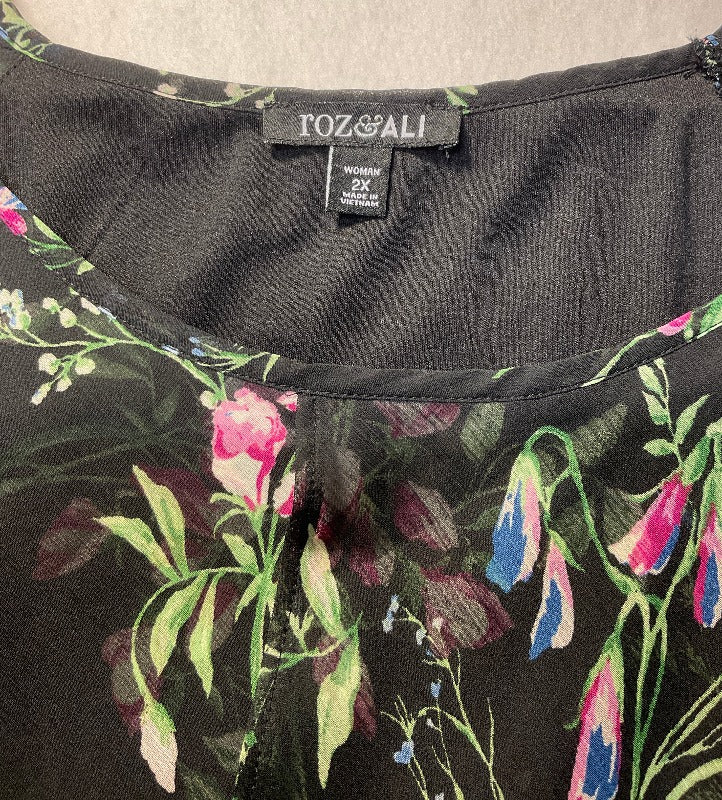 Flowing Black Sheer Blouse with Colorful Floral Design - Size 2X