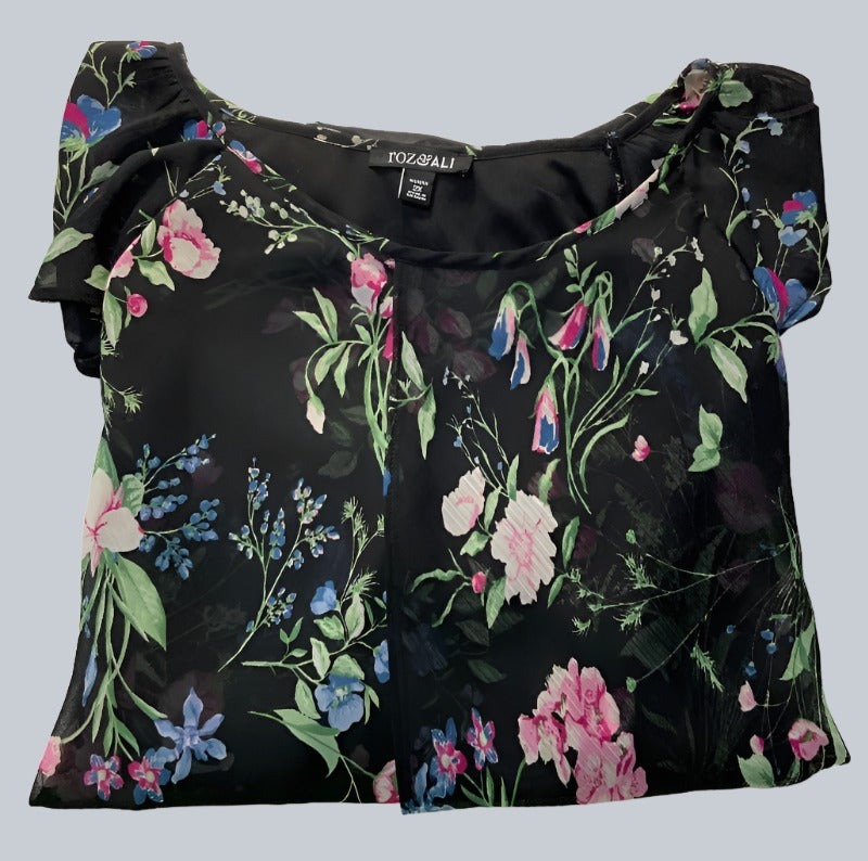 Flowing Black Sheer Blouse with Colorful Floral Design - Folded