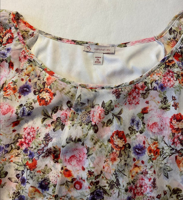 Flowing Off-White Sheer Blouse with Colorful Floral Design - Neckline