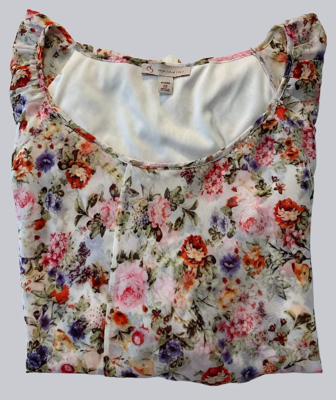 Flowing Off-White Sheer Blouse with Colorful Floral Design - Folded