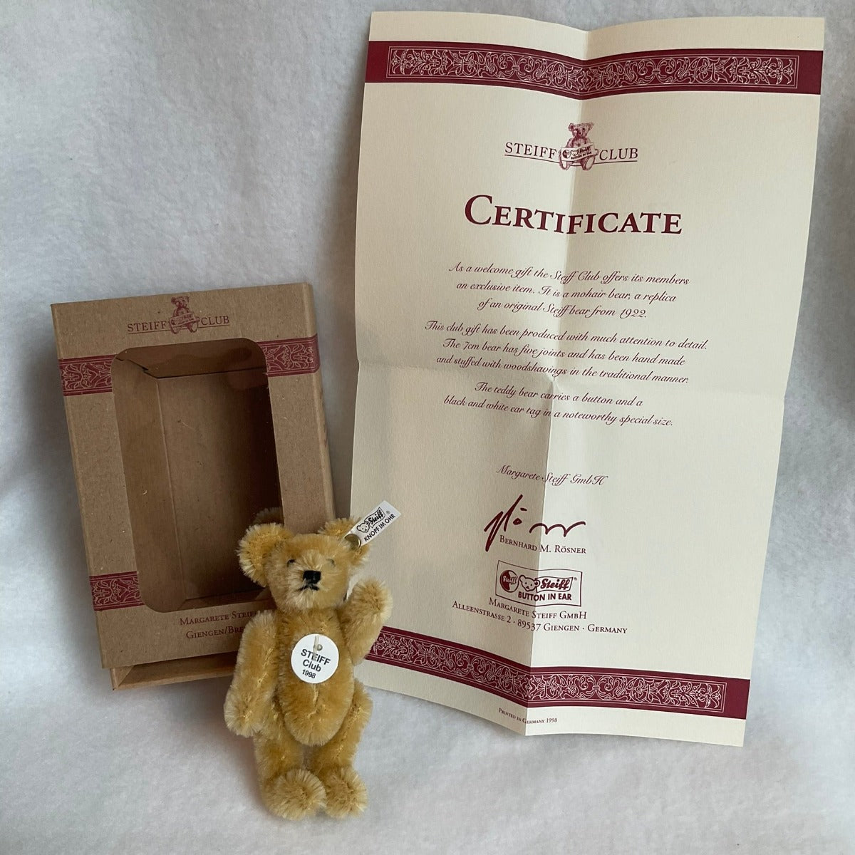 1998 Steiff Club Gift Membership Kit - Mini Bear with Certificate