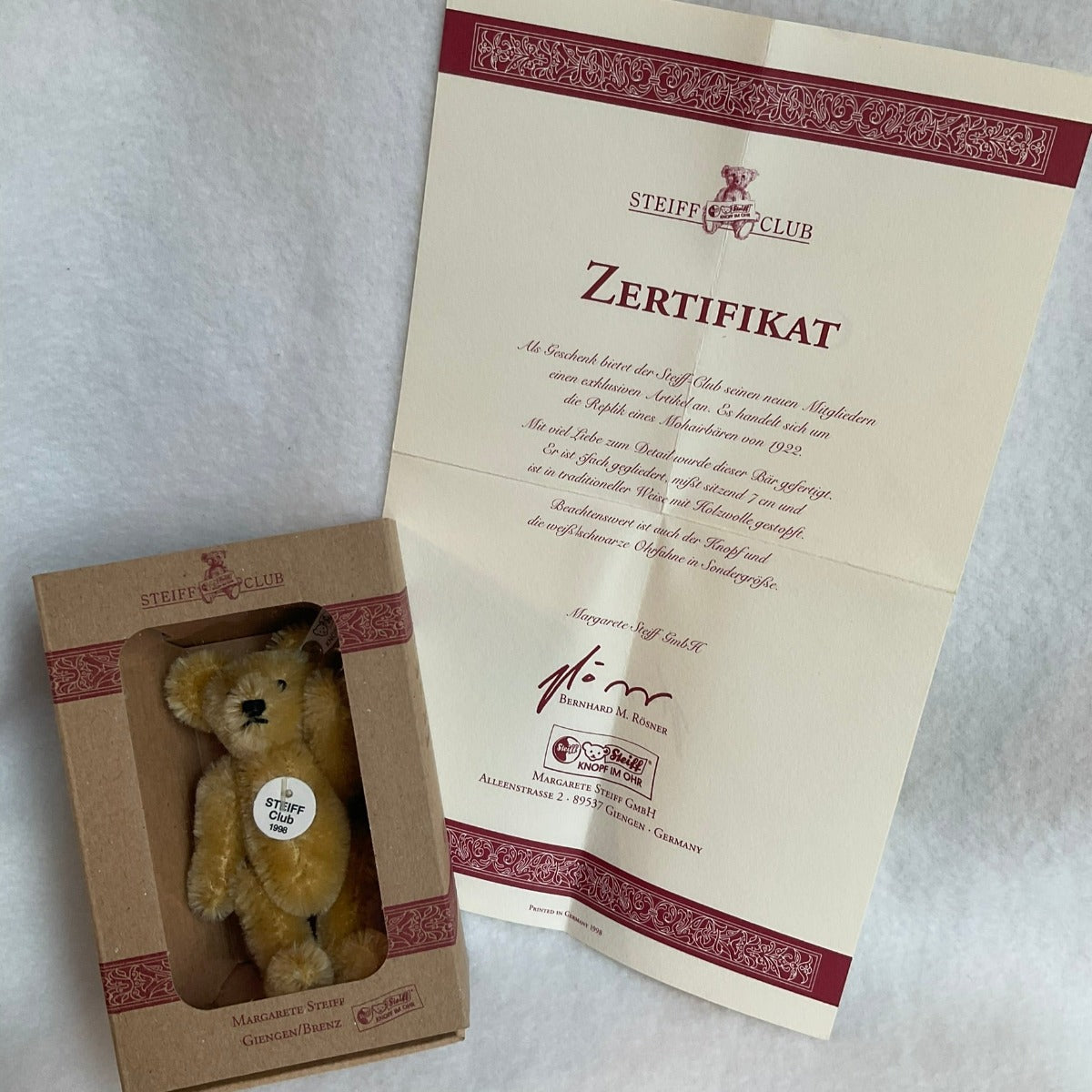1998 Steiff Club Gift Membership Kit - Certificate in German
