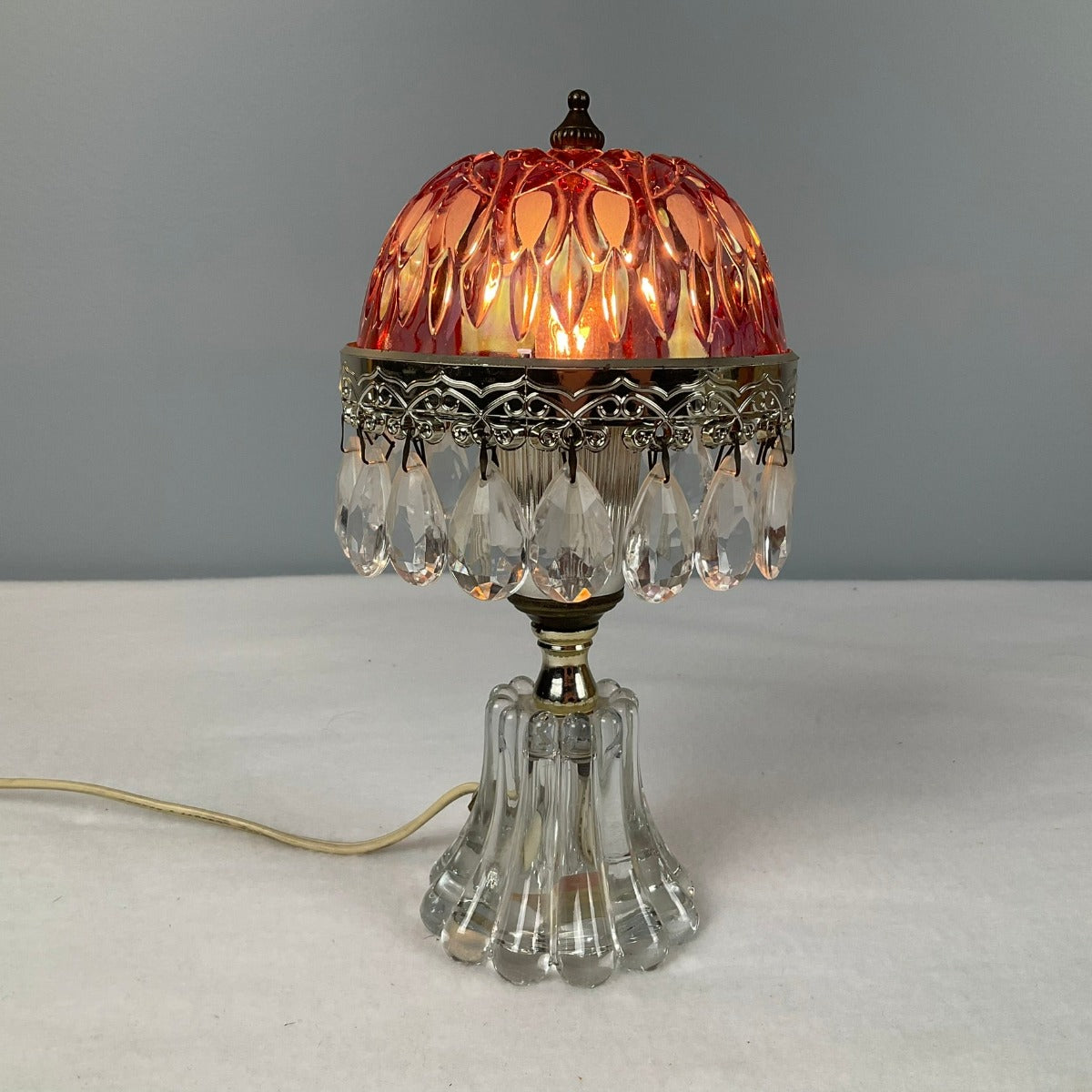 Michelotti Boudoir Lamp - Vintage Single Tier Pink Crystal Glass - Turned On