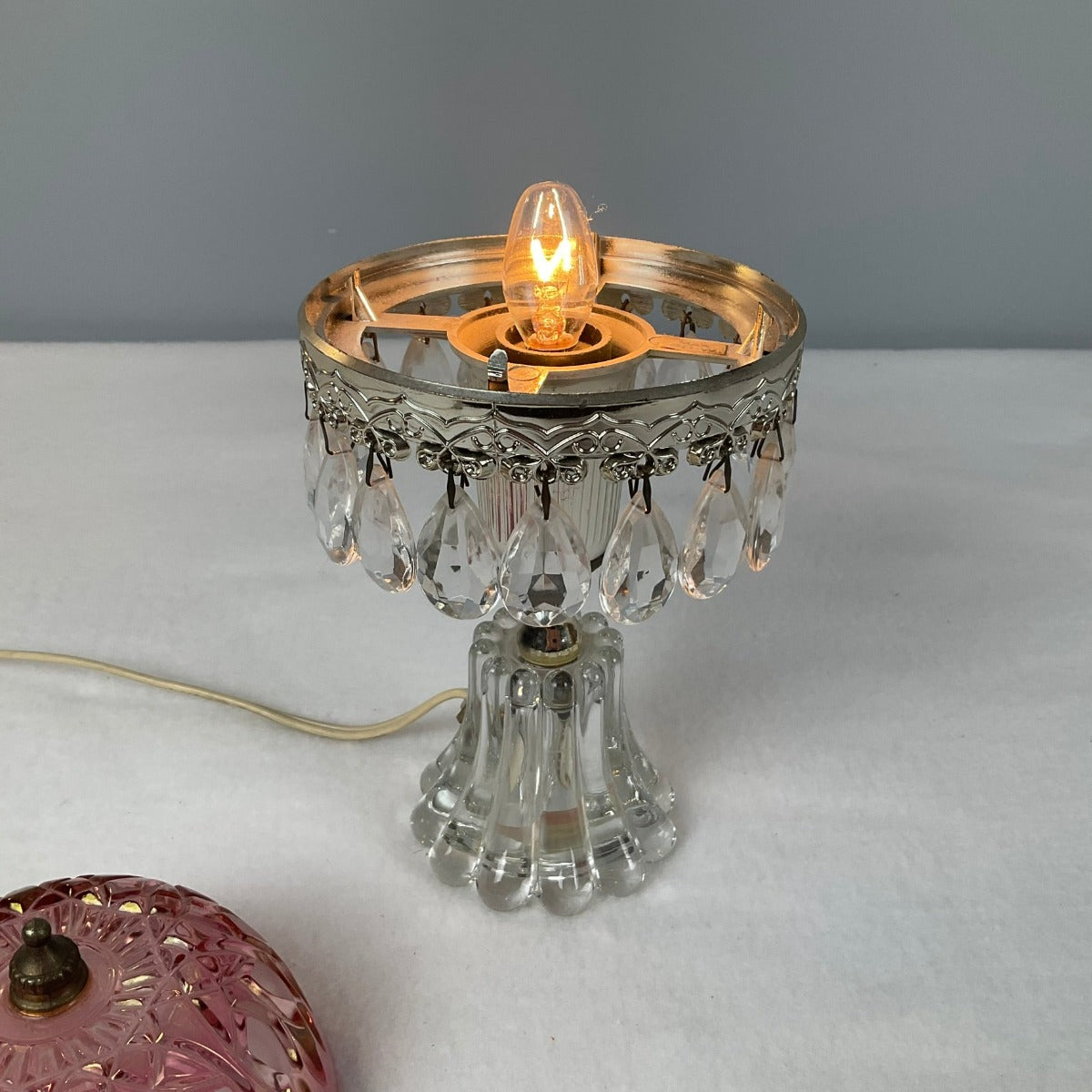Michelotti Boudoir Lamp - Vintage Single Tier Pink Crystal Glass - Bulb