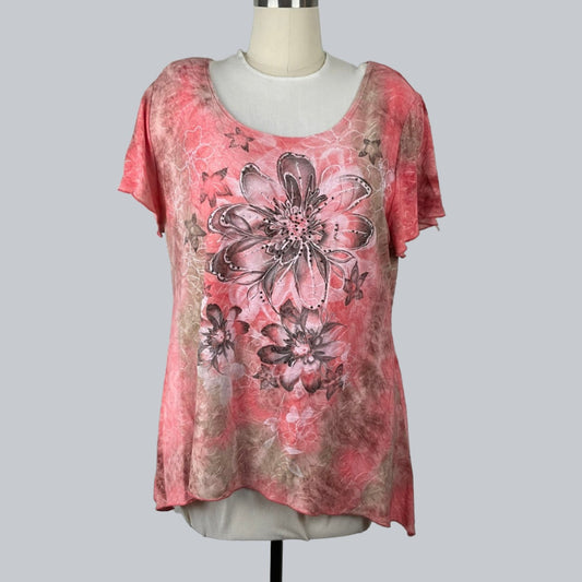 Women's Pink & Beige Embellished Floral Top  Size 2X