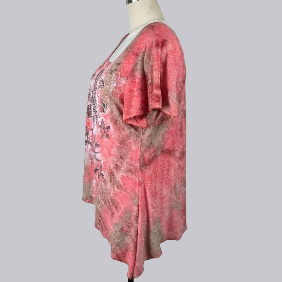 Women's Pink & Beige Embellished Floral Top  Size 2X - Left Side View