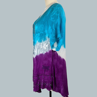 Women's Tunic Blouse - Purple & Light Blue Dragonfly - PLUS SIZE - Left Side View