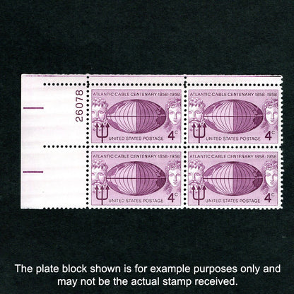 Plate Block of four vintage postage stamps Scott No 1112 Atlantic Cable Centenary - Front