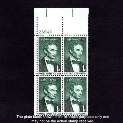 Plate Block of four vintage postage stamps Scott No 1113 Lincoln Sesquicentennial - Front