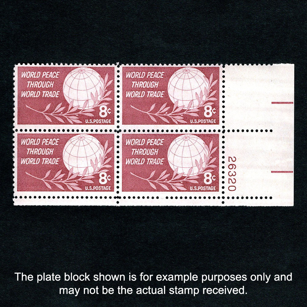 Scott 1129 World Peace Through World Trade 8-cent US Stamps Plate Block - Front