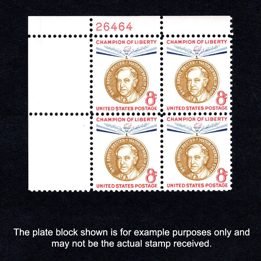 Scott 1137 Ernst Reuter 8-cent US Stamps Plate Block - Front